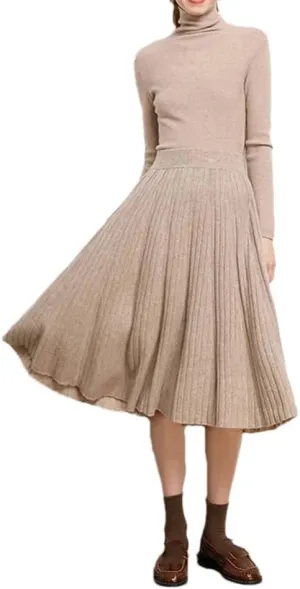 Women's Wool Knit Skirt Stretch High Waist Pleated Skirt Loose Solid Color Midi Skirts