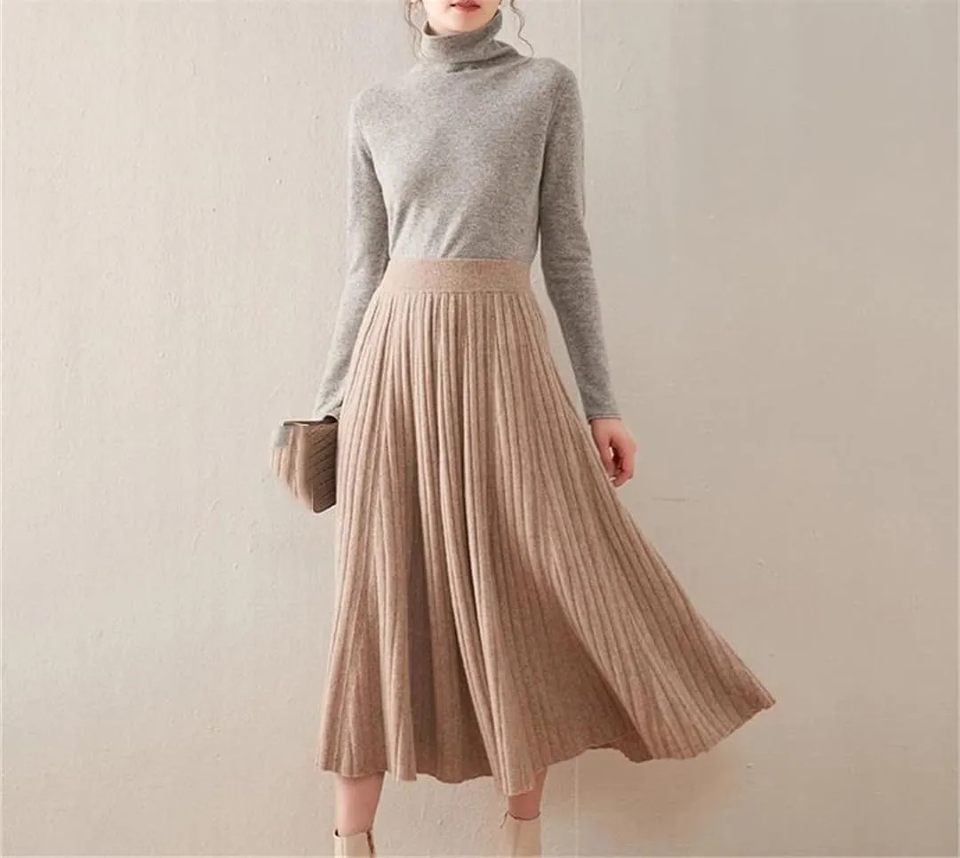 Women's Wool Knit Skirt Stretch High Waist Pleated Skirt Loose Solid Color Midi Skirts