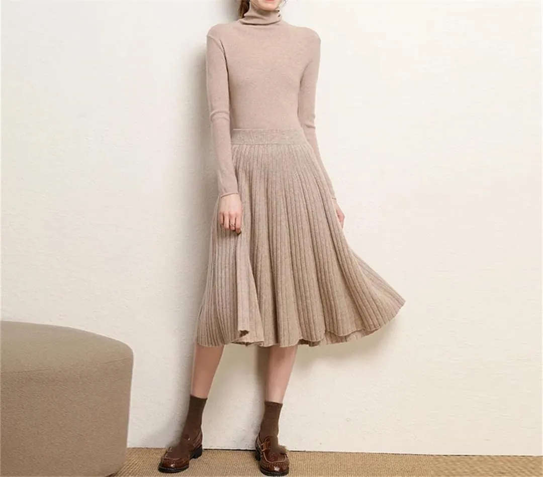 Women's Wool Knit Skirt Stretch High Waist Pleated Skirt Loose Solid Color Midi Skirts