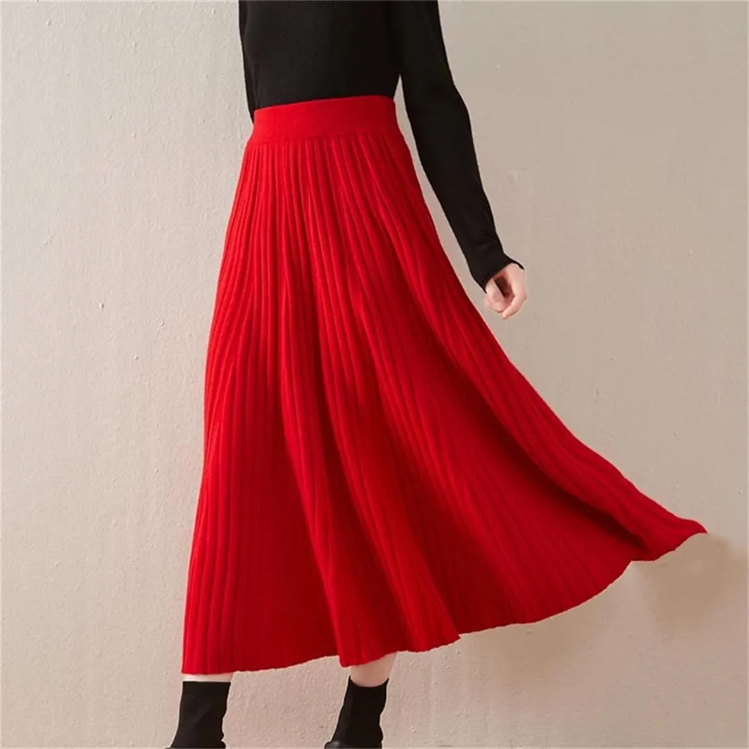 Women's Wool Knit Skirt Stretch High Waist Pleated Skirt Loose Solid Color Midi Skirts