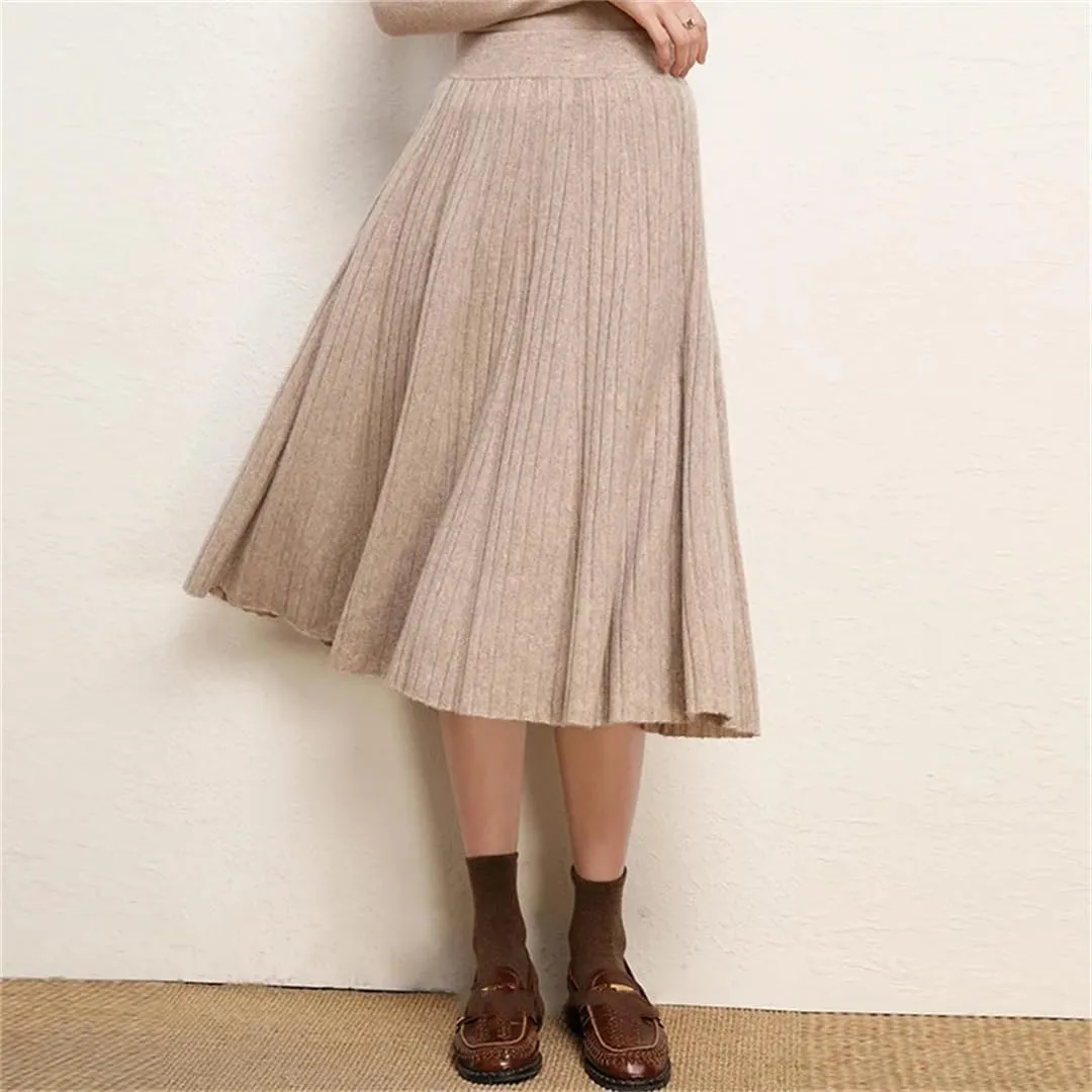 Women's Wool Knit Skirt Stretch High Waist Pleated Skirt Loose Solid Color Midi Skirts