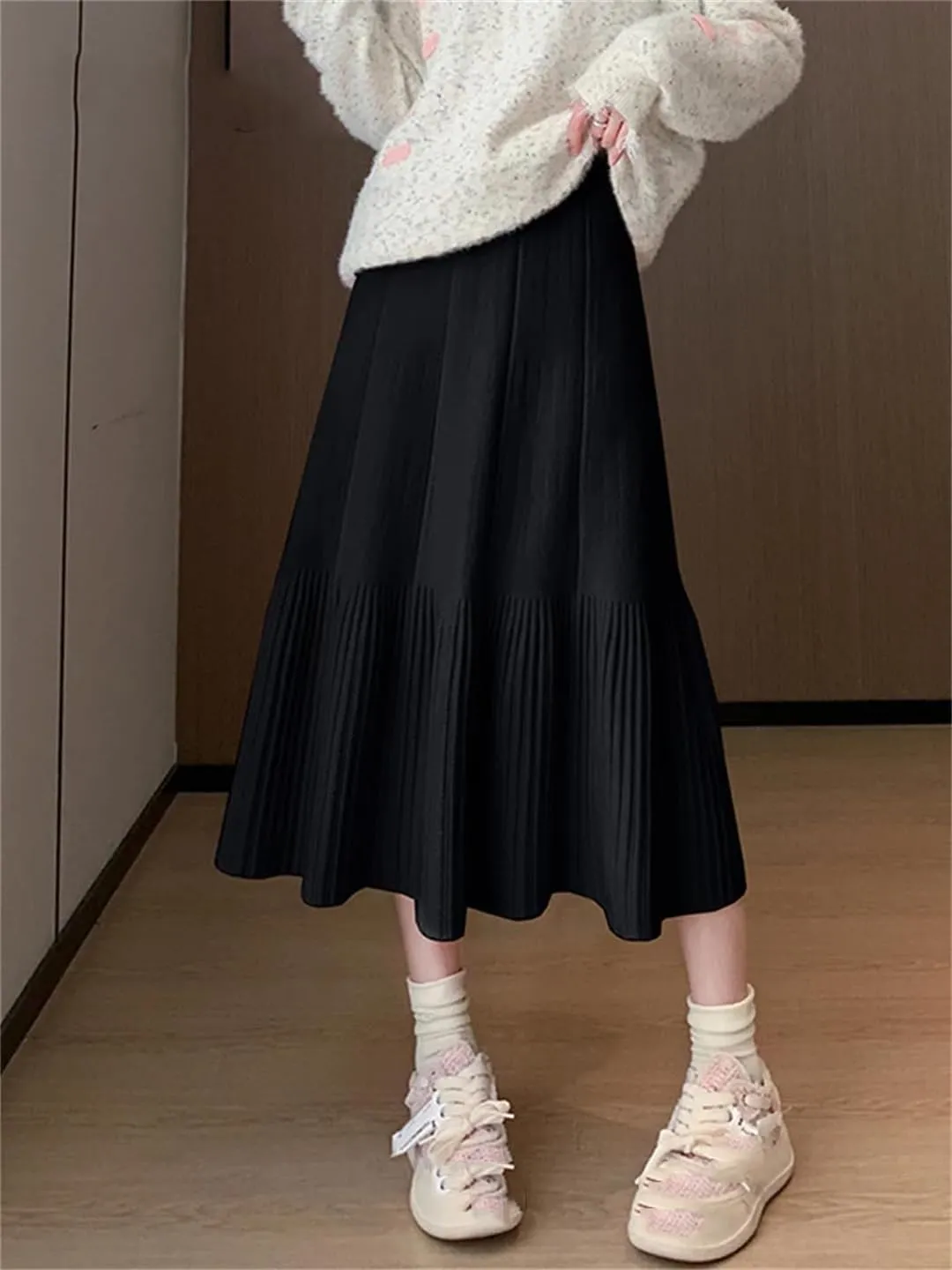 Women's Wool Knitted Sweater Skirt Casual Stretch High Waist Pleated Solid Color Midi Skirts