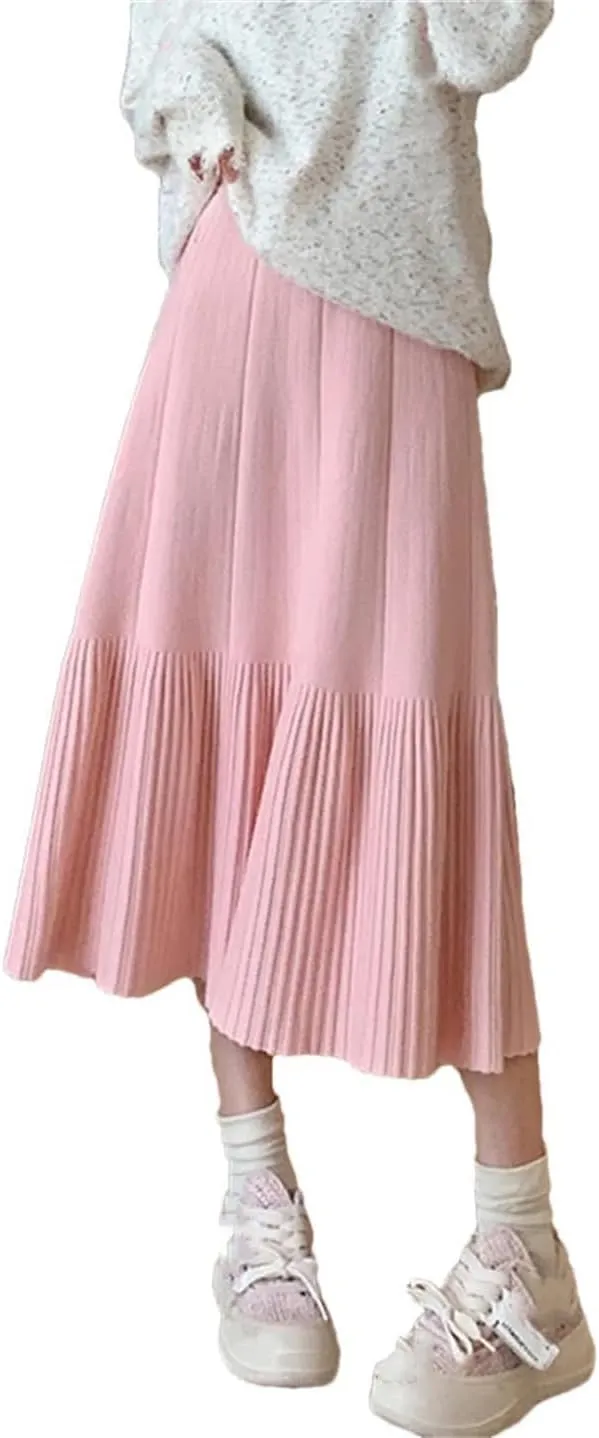 Women's Wool Knitted Sweater Skirt Casual Stretch High Waist Pleated Solid Color Midi Skirts