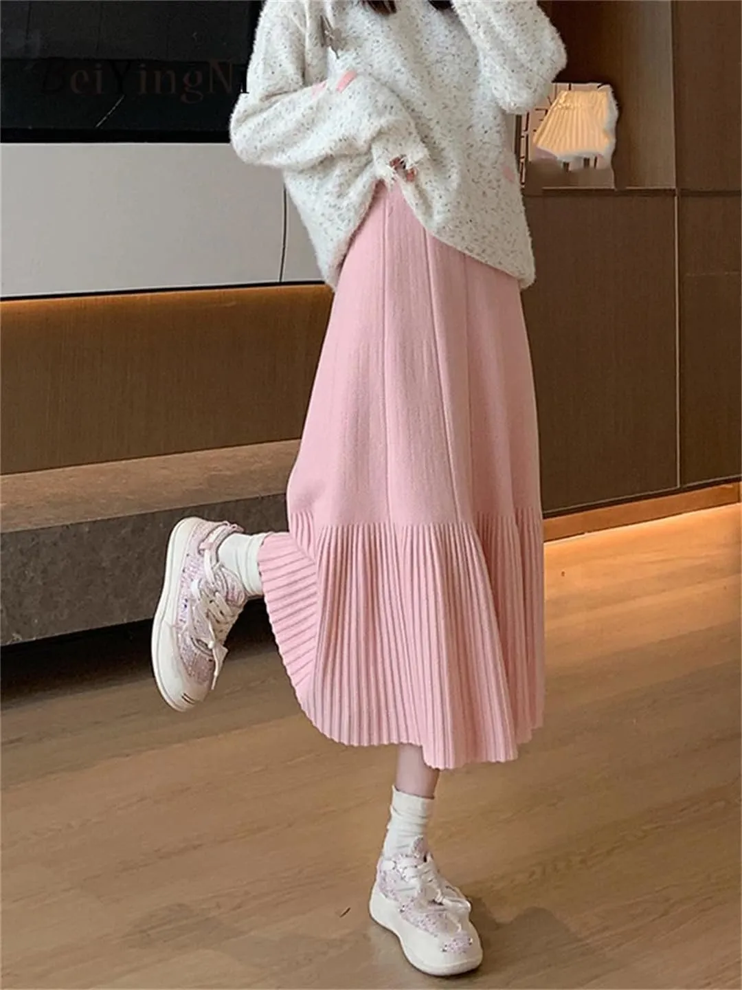 Women's Wool Knitted Sweater Skirt Casual Stretch High Waist Pleated Solid Color Midi Skirts
