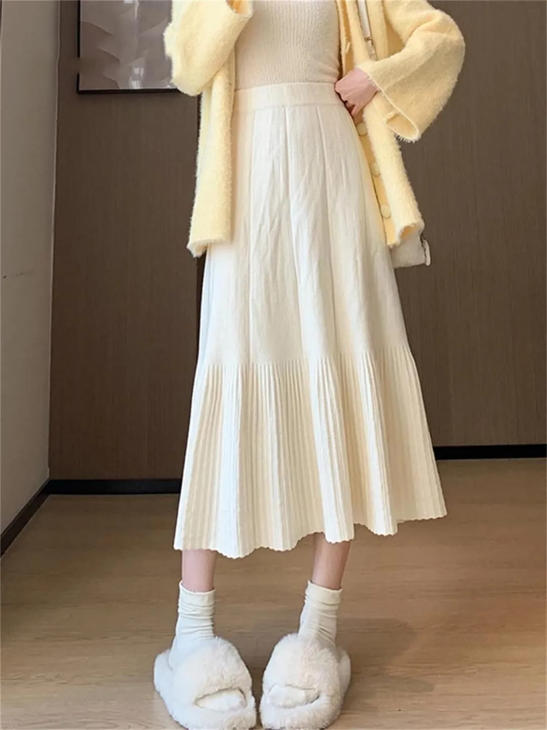 Women's Wool Knitted Sweater Skirt Casual Stretch High Waist Pleated Solid Color Midi Skirts