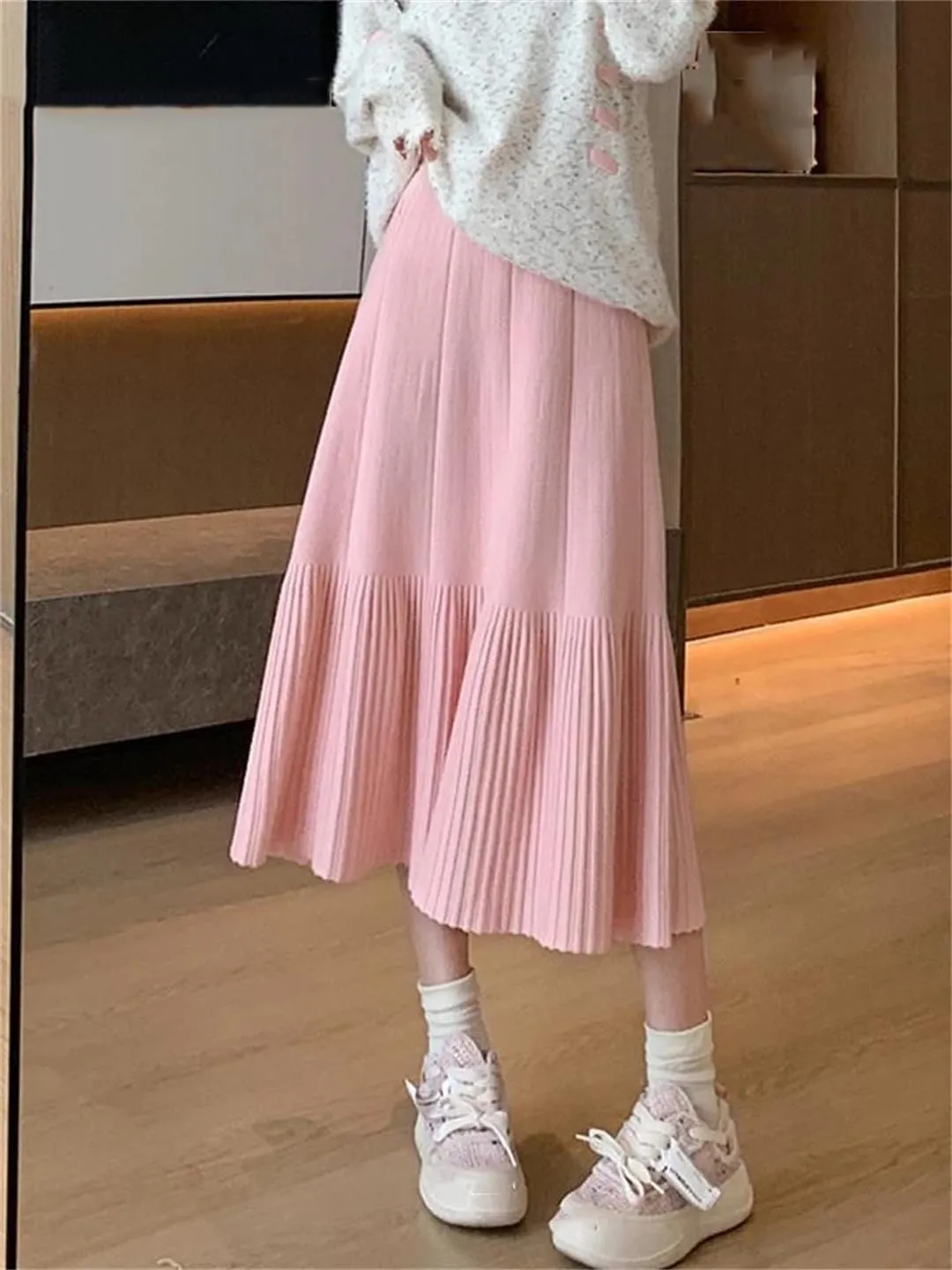 Women's Wool Knitted Sweater Skirt Casual Stretch High Waist Pleated Solid Color Midi Skirts
