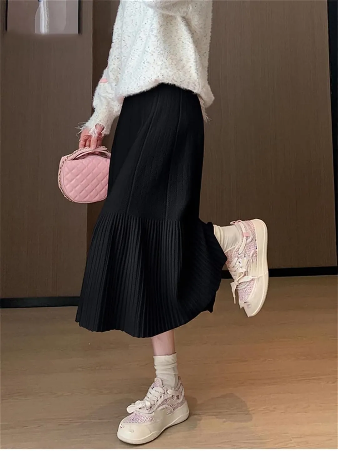Women's Wool Knitted Sweater Skirt Casual Stretch High Waist Pleated Solid Color Midi Skirts