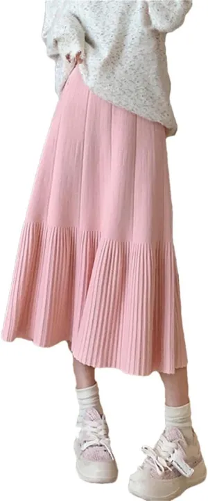 Women's Wool Knitted Sweater Skirt Casual Stretch High Waist Pleated Solid Color Midi Skirts