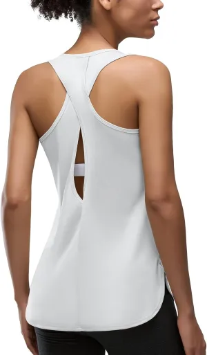 Women's Workout Tops Long Sleeveless Racerback Tank Top Quick Dry Athletic Running Zumba Exercise Gym Shirts White Large