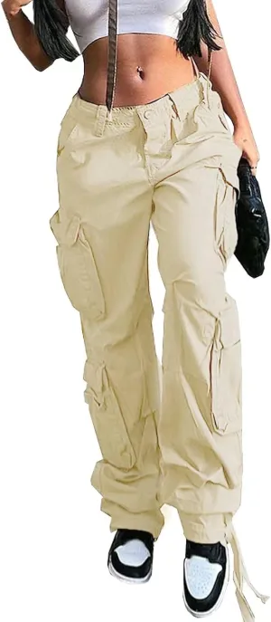 Women's Y2K High Rise Baggy Straight Leg Cargo Pants Streetwear Casual Boyfriend Trousers with Pockets