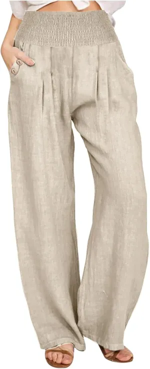 Xiaojmake Women's Summer Cotton Linen Pants Wide Leg Casual Drawstring High Waist Palazzo Pants Loose Trouser with Pockets