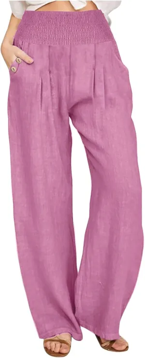 Xiaojmake Women's Summer Cotton Linen Pants Wide Leg Casual Drawstring High Waist Palazzo Pants Loose Trouser with Pockets