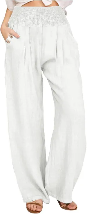 Xiaojmake Women's Summer Cotton Linen Pants Wide Leg Casual Drawstring High Waist Palazzo Pants Loose Trouser with Pockets