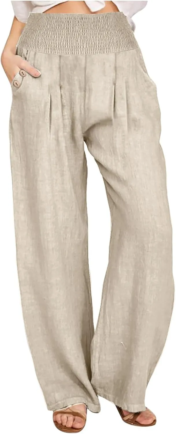 Xiaojmake Women's Summer Cotton Linen Pants Wide Leg Casual Drawstring High Waist Palazzo Pants Loose Trouser with Pockets