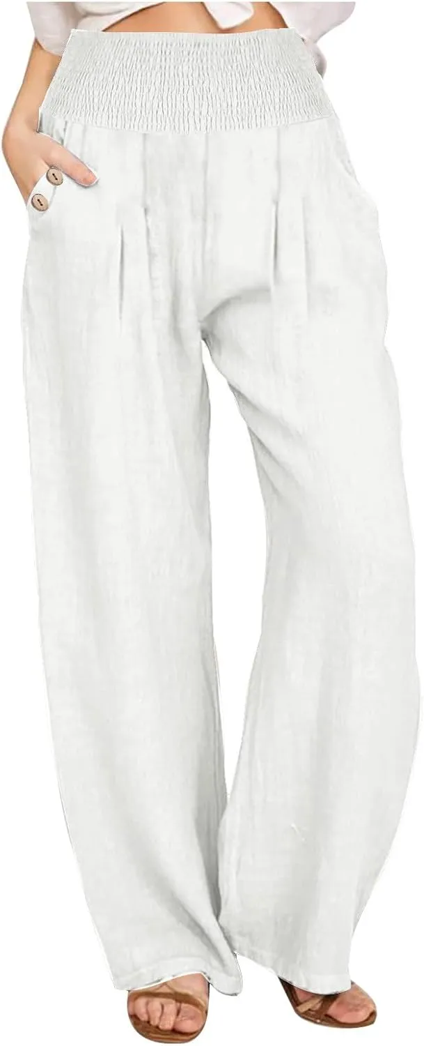 Xiaojmake Women's Summer Cotton Linen Pants Wide Leg Casual Drawstring High Waist Palazzo Pants Loose Trouser with Pockets