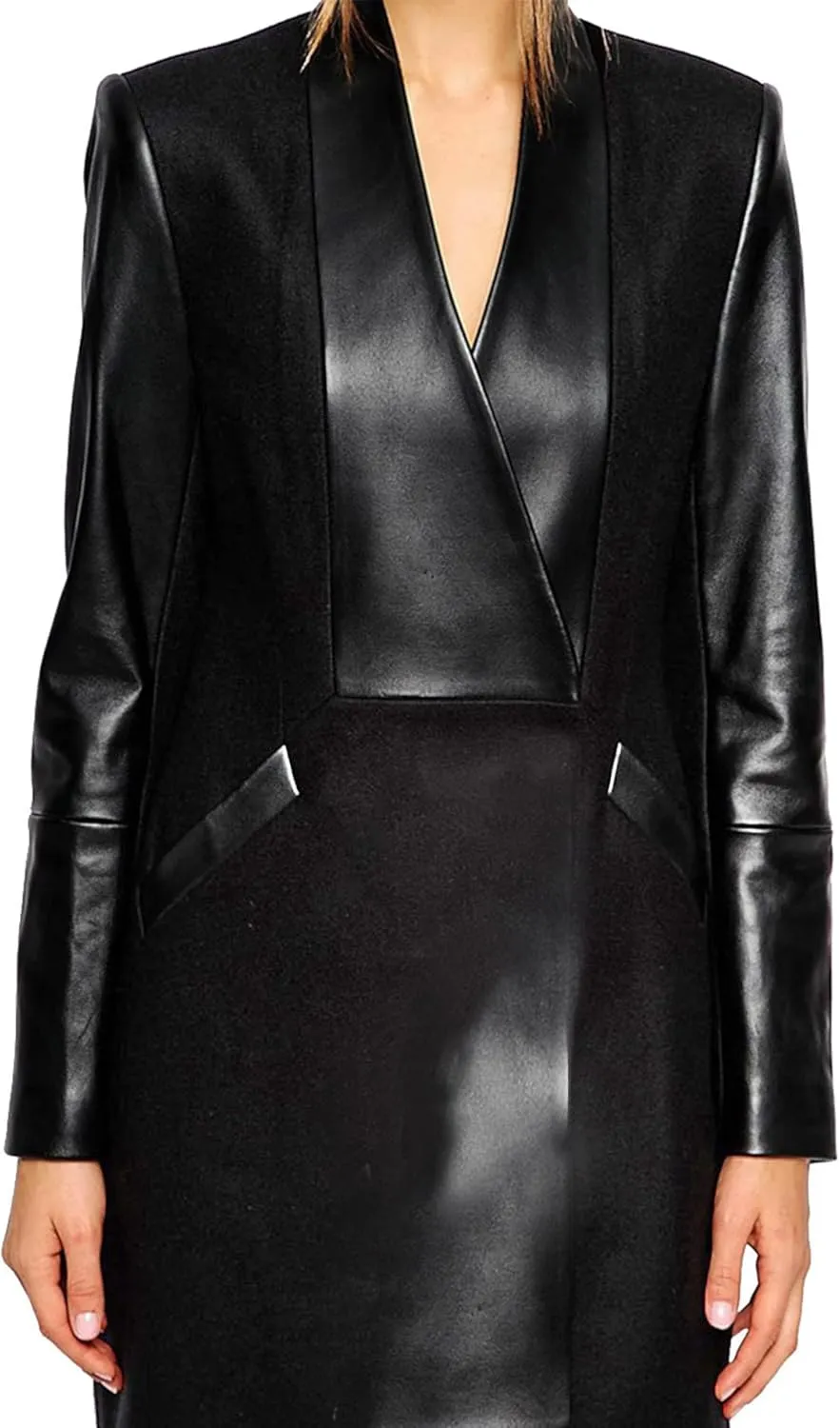xxxiticat Women's Double Breasted Faux Leather PU Coat Patchwork Splice Lapel Panel Trench Woolen Jacket Cardigan