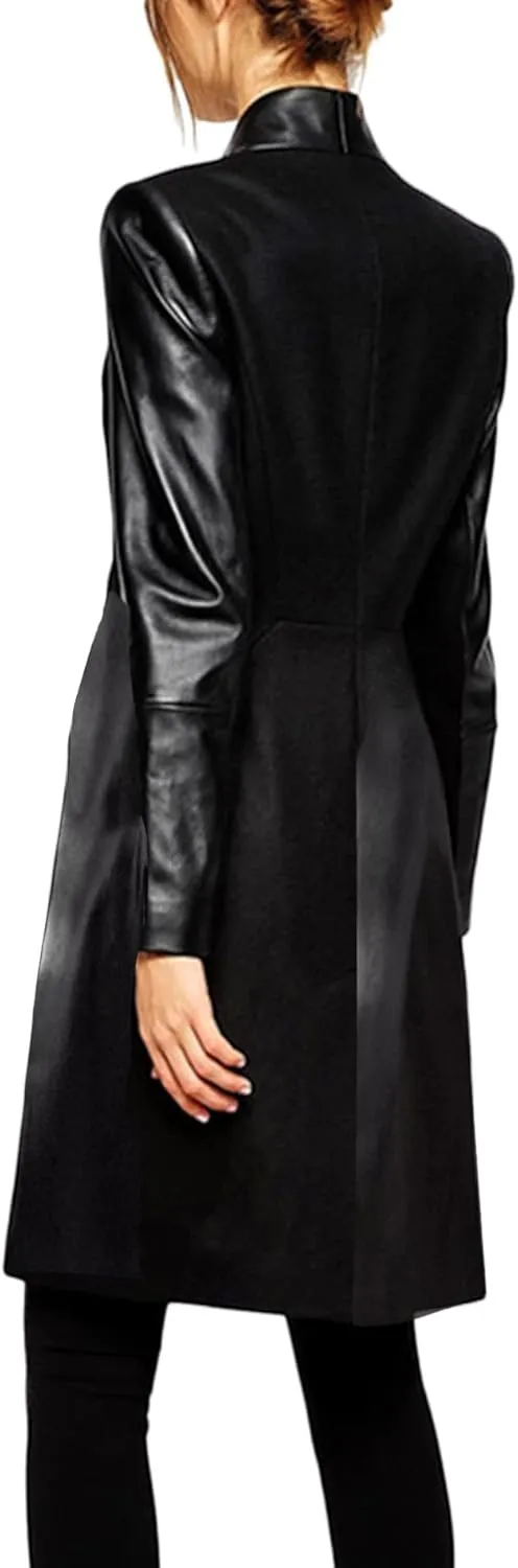 xxxiticat Women's Double Breasted Faux Leather PU Coat Patchwork Splice Lapel Panel Trench Woolen Jacket Cardigan