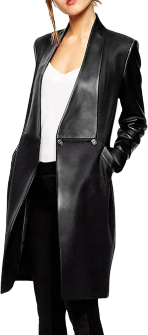 xxxiticat Women's Double Breasted Faux Leather PU Coat Patchwork Splice Lapel Panel Trench Woolen Jacket Cardigan