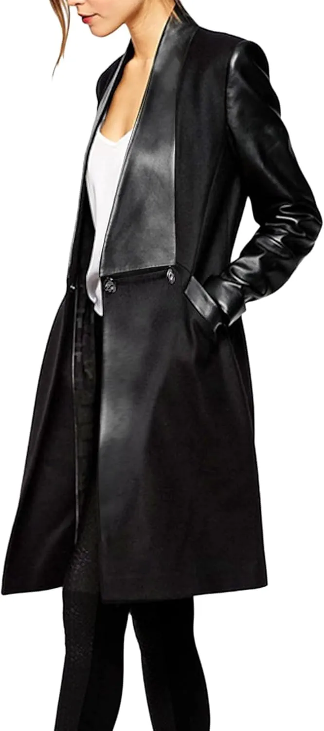 xxxiticat Women's Double Breasted Faux Leather PU Coat Patchwork Splice Lapel Panel Trench Woolen Jacket Cardigan