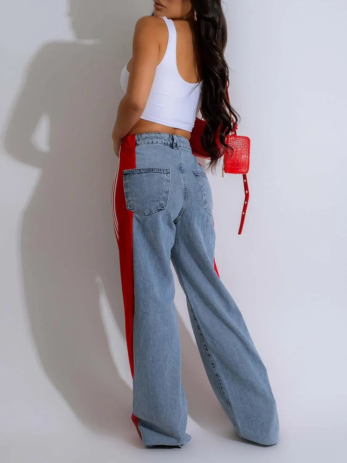 XZLUFNY Women's Jeans Two Tone Patchwork Striped Denim Pant Color Block Straight Wide Leg Trousers