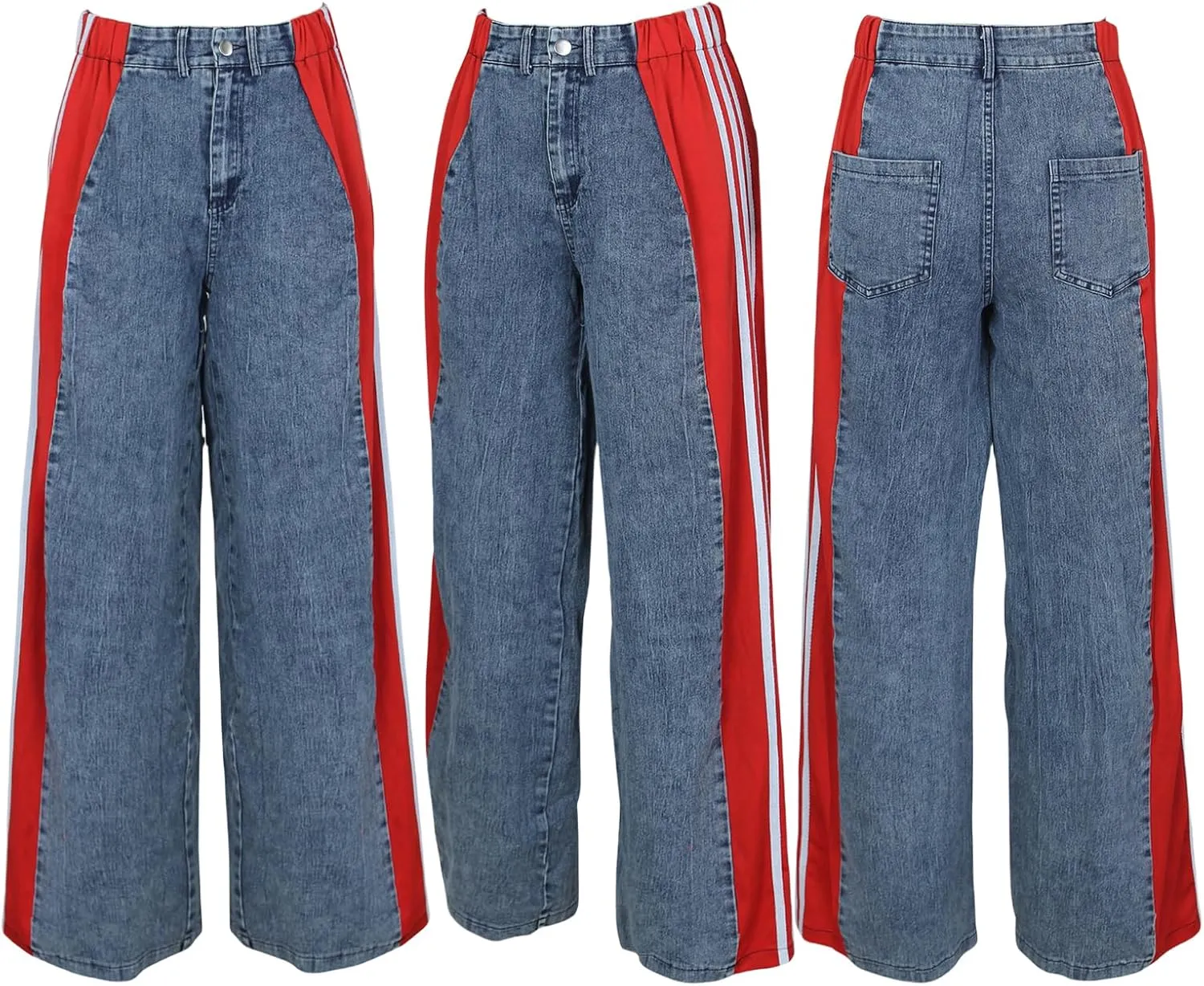 XZLUFNY Women's Jeans Two Tone Patchwork Striped Denim Pant Color Block Straight Wide Leg Trousers