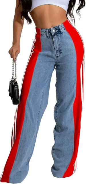 XZLUFNY Women's Jeans Two Tone Patchwork Striped Denim Pant Color Block Straight Wide Leg Trousers