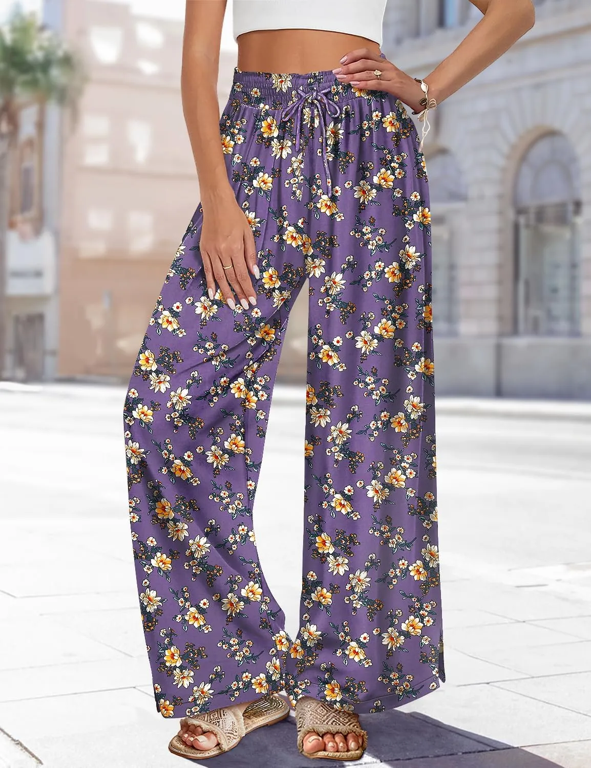 YESNO Women Summer Boho Palazzo Pants High Waist Wide Leg Floral Casual Cotton Lounge Trousers with Pockets PP0