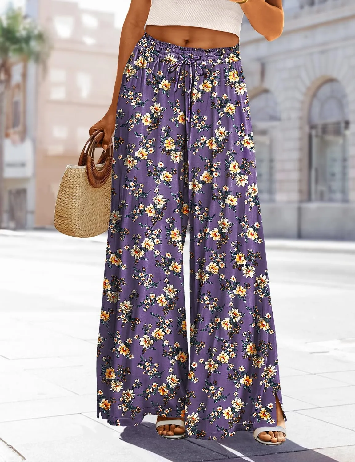 YESNO Women Summer Boho Palazzo Pants High Waist Wide Leg Floral Casual Cotton Lounge Trousers with Pockets PP0