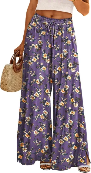 YESNO Women Summer Boho Palazzo Pants High Waist Wide Leg Floral Casual Cotton Lounge Trousers with Pockets PP0