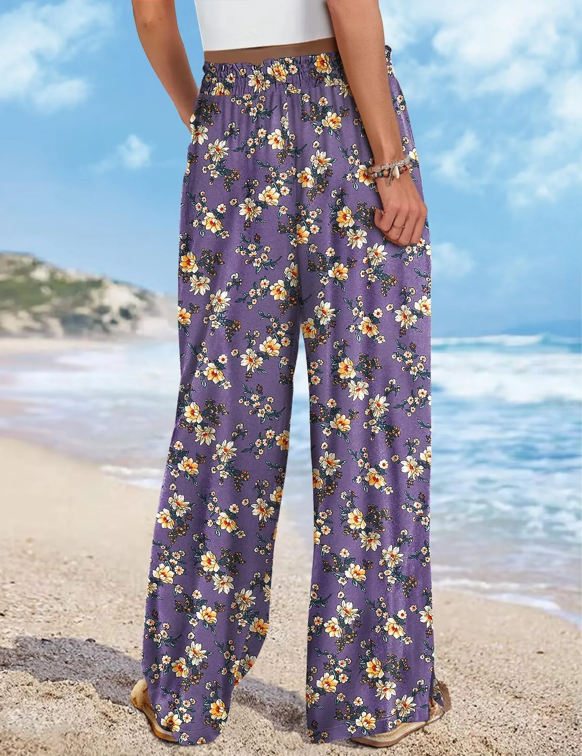 YESNO Women Summer Boho Palazzo Pants High Waist Wide Leg Floral Casual Cotton Lounge Trousers with Pockets PP0