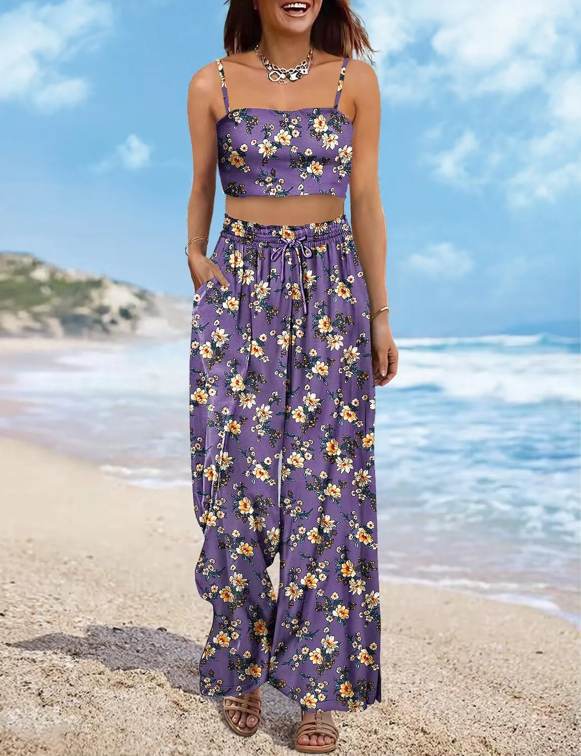 YESNO Women Summer Boho Palazzo Pants High Waist Wide Leg Floral Casual Cotton Lounge Trousers with Pockets PP0