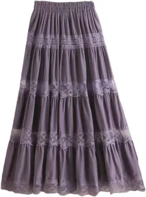 YIOLEAMP Sweet Chiffon Lace Stitching A-Line Pleated Skirt, Women High Waist Midi Skirts, Black Elegant Party Long Skirt