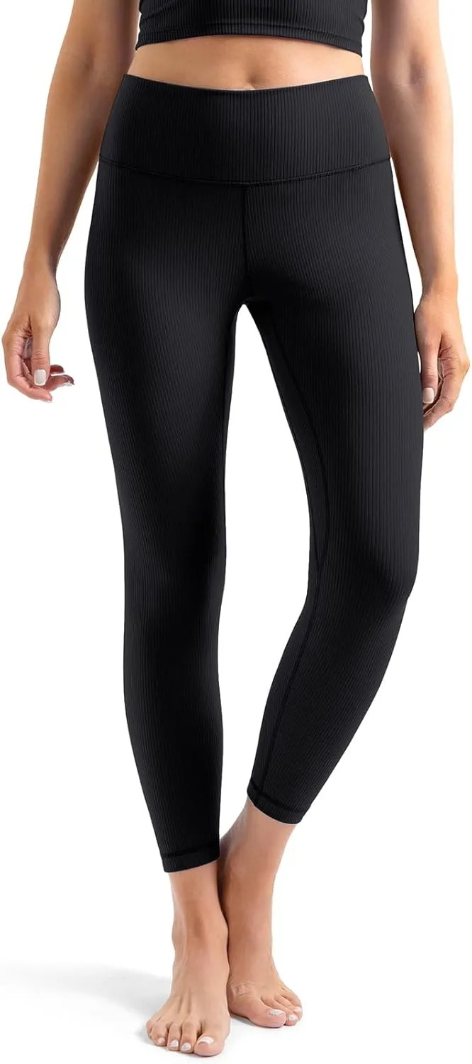 YUNOGA Women's Ribbed High Waisted Tummy Control Leggings Buttery 25" Inseam Workout Yoga Pants