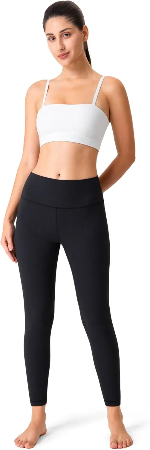 YUNOGA Women's Ribbed High Waisted Tummy Control Leggings Buttery 25" Inseam Workout Yoga Pants