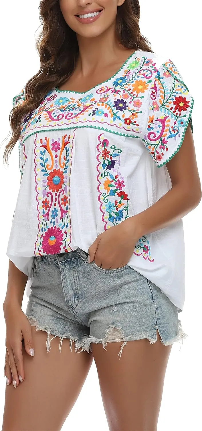 YZXDORWJ Women's Summer Boho Embroidery Mexican Bohemian Tops Shirt Tunic
