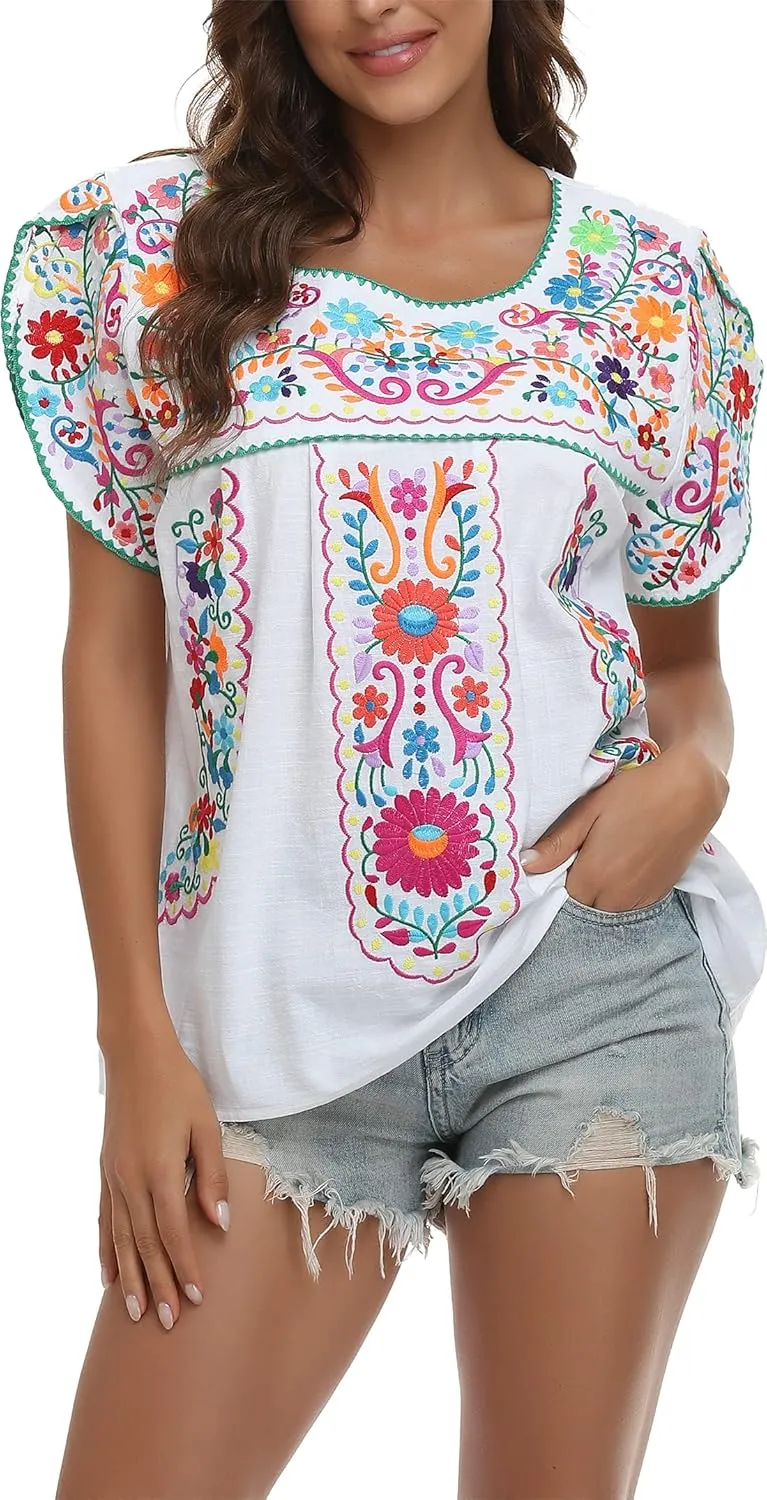 YZXDORWJ Women's Summer Boho Embroidery Mexican Bohemian Tops Shirt Tunic