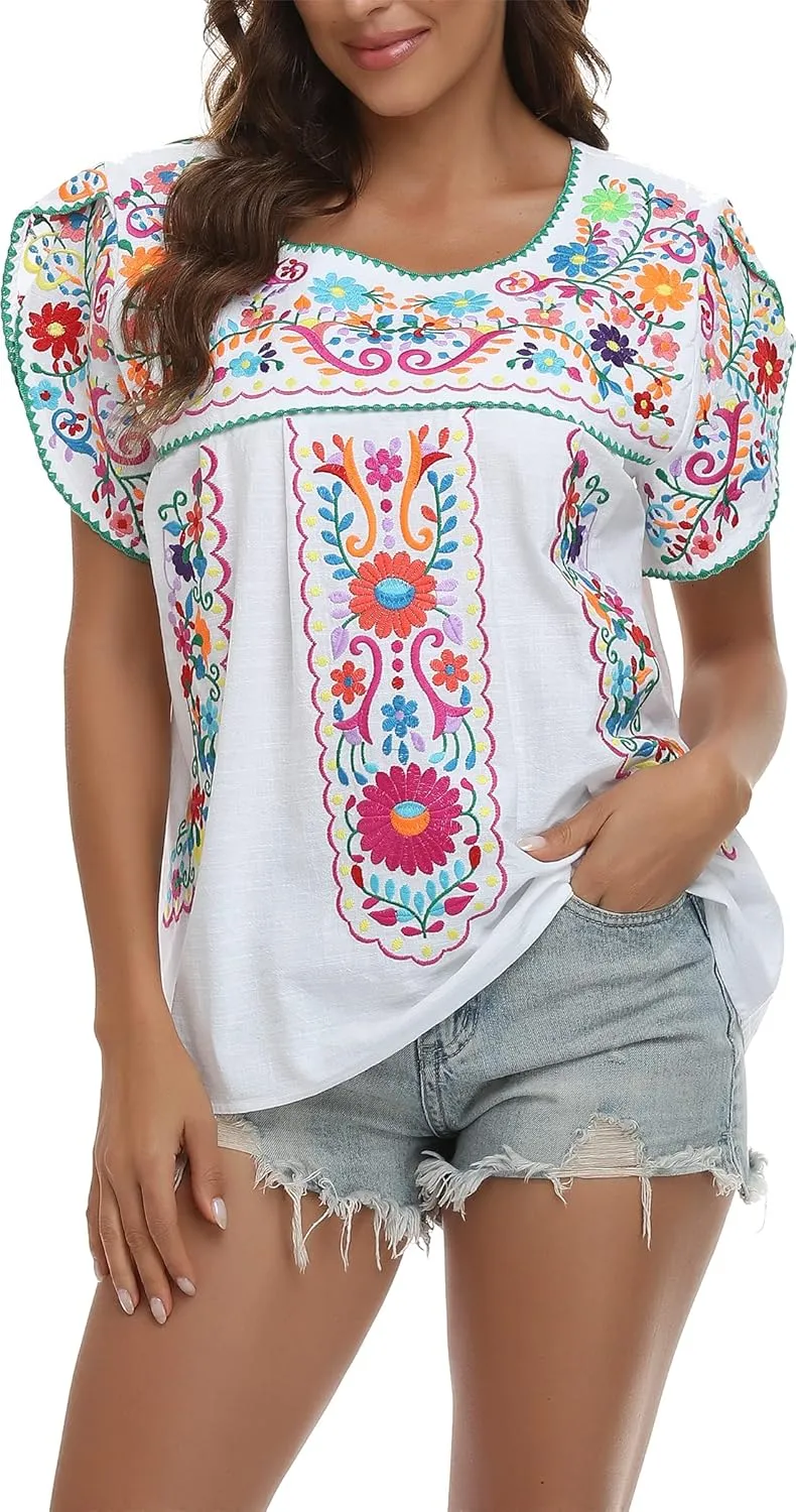 YZXDORWJ Women's Summer Boho Embroidery Mexican Bohemian Tops Shirt Tunic