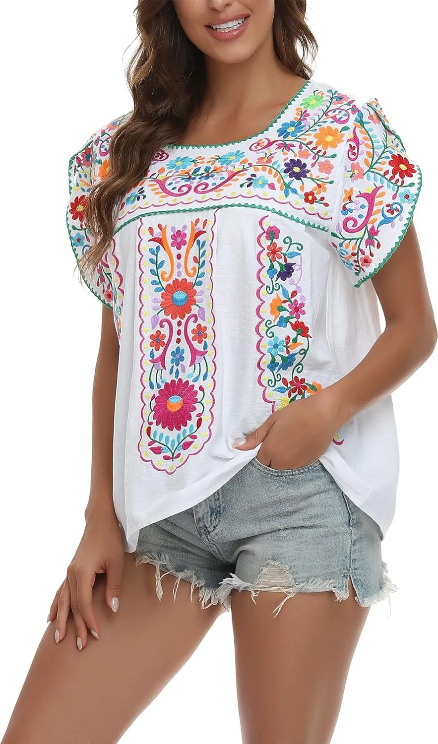 YZXDORWJ Women's Summer Boho Embroidery Mexican Bohemian Tops Shirt Tunic
