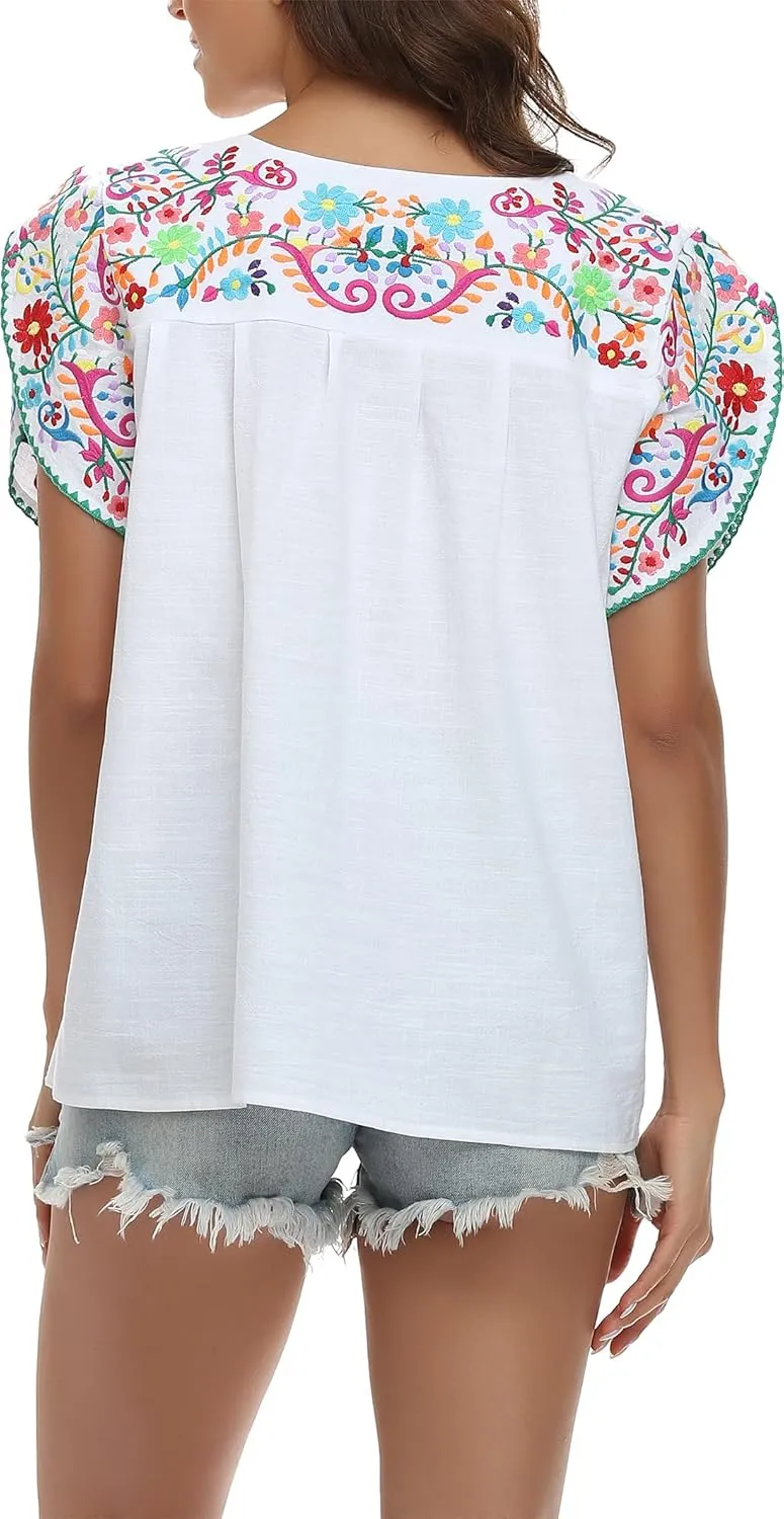 YZXDORWJ Women's Summer Boho Embroidery Mexican Bohemian Tops Shirt Tunic