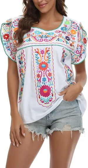 YZXDORWJ Women's Summer Boho Embroidery Mexican Bohemian Tops Shirt Tunic