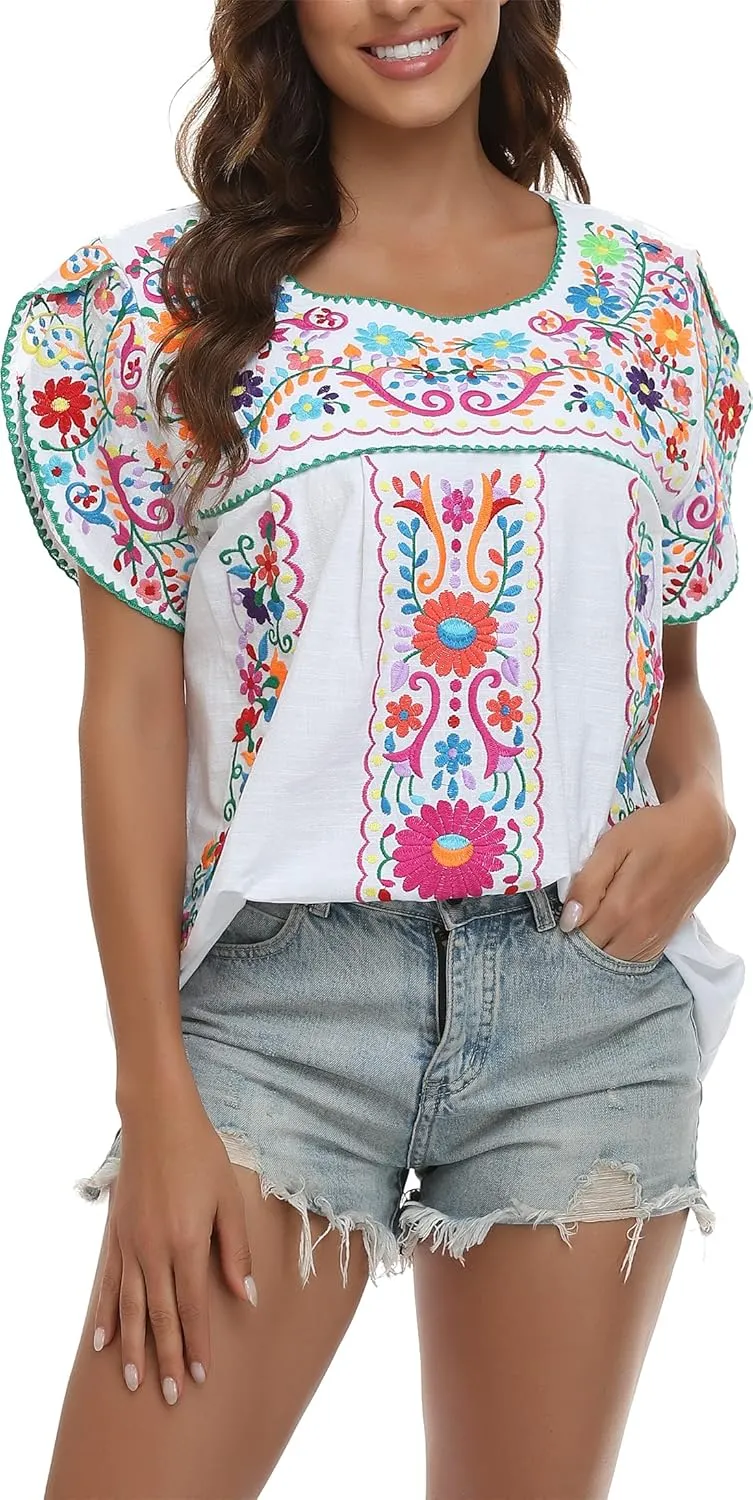 YZXDORWJ Women's Summer Boho Embroidery Mexican Bohemian Tops Shirt Tunic