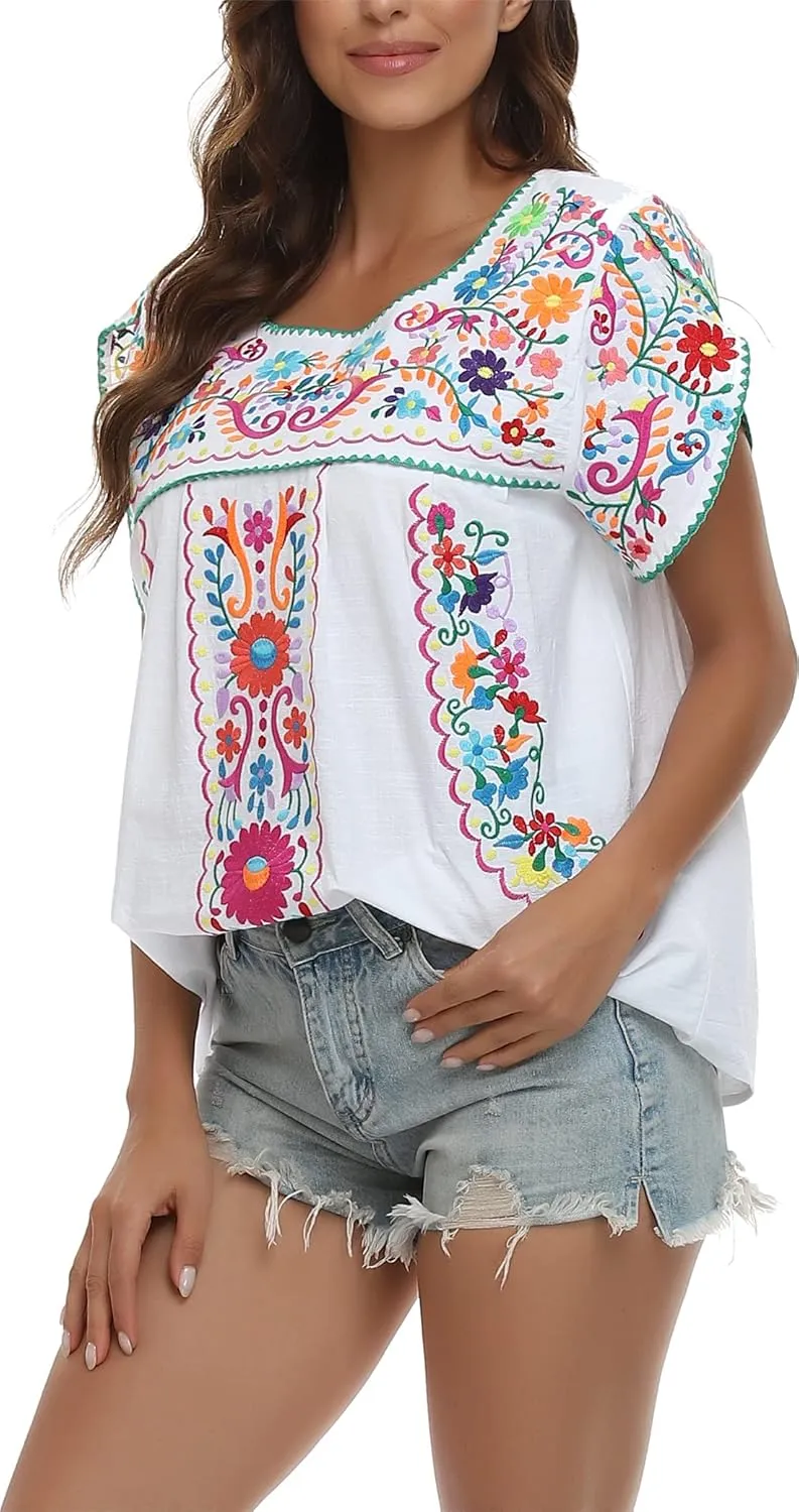 YZXDORWJ Women's Summer Boho Embroidery Mexican Bohemian Tops Shirt Tunic