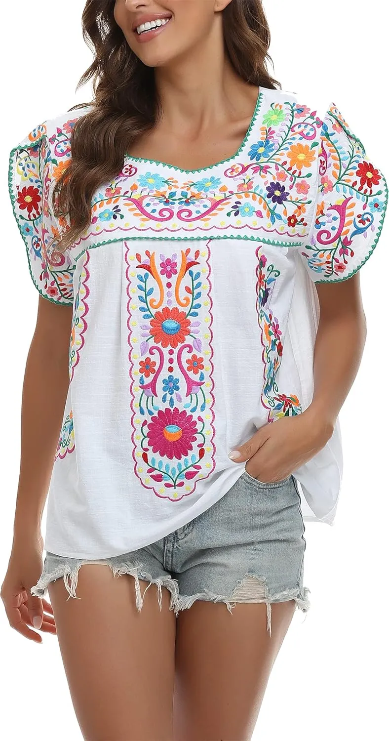 YZXDORWJ Women's Summer Boho Embroidery Mexican Bohemian Tops Shirt Tunic