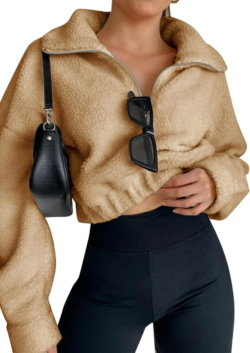 ZAFUL Women's Faux Fur Pullover Half Zip Long Sleeve Crop Sweatshirt Tops