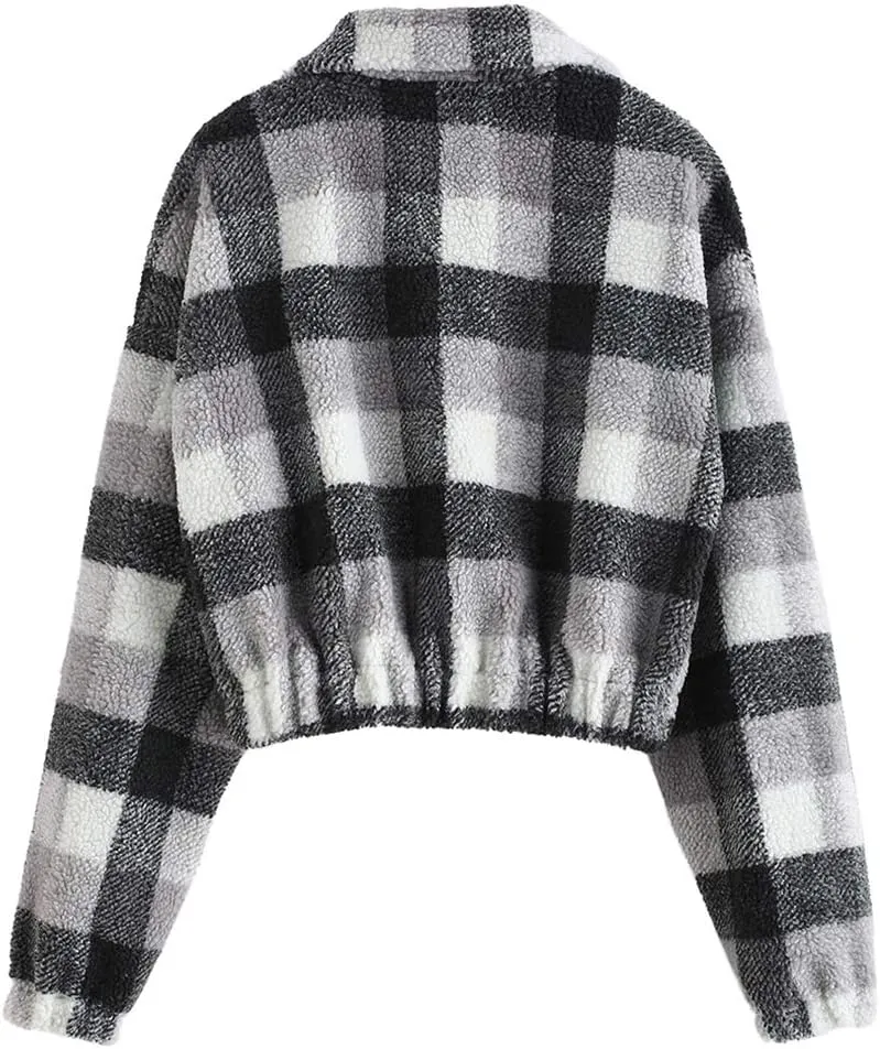ZAFUL Women's Faux Fur Pullover Half Zip Long Sleeve Crop Sweatshirt Tops