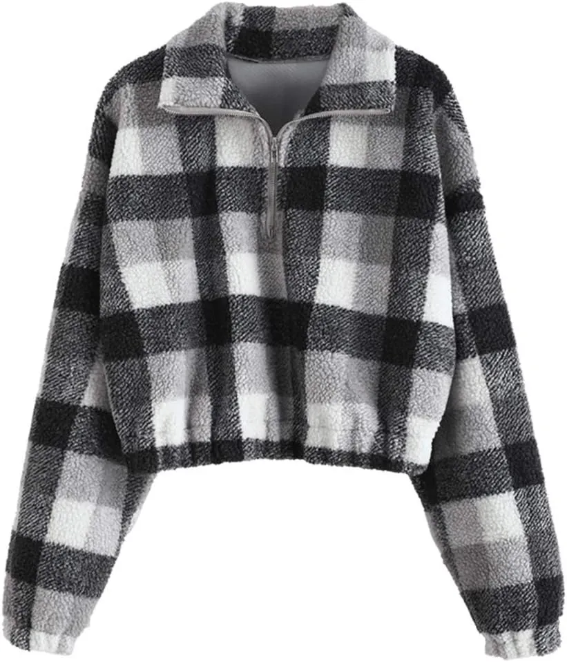 ZAFUL Women's Faux Fur Pullover Half Zip Long Sleeve Crop Sweatshirt Tops
