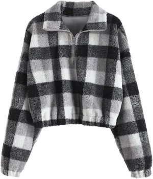 ZAFUL Women's Faux Fur Pullover Half Zip Long Sleeve Crop Sweatshirt Tops