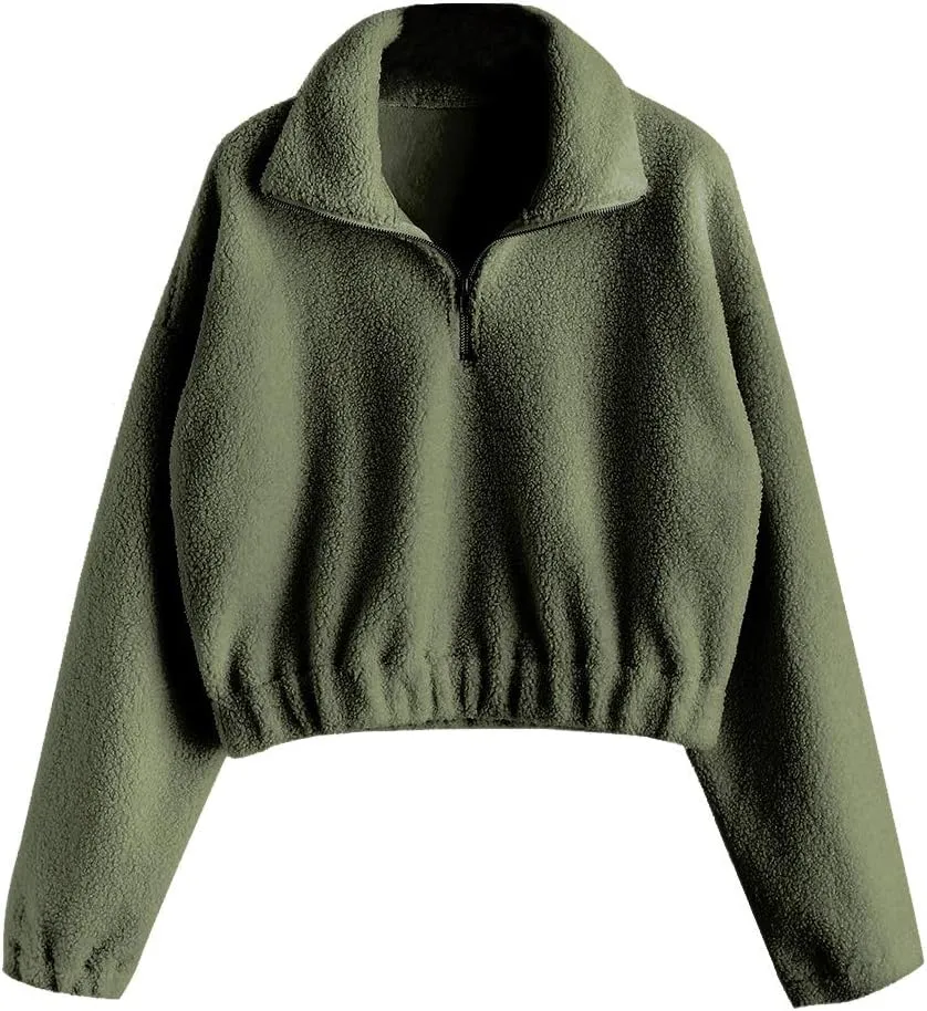 ZAFUL Women's Faux Fur Pullover Half Zip Long Sleeve Crop Sweatshirt Tops