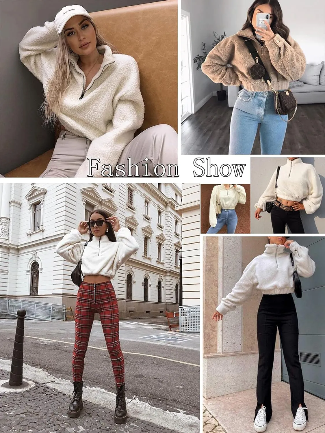 ZAFUL Women's Faux Fur Pullover Half Zip Long Sleeve Crop Sweatshirt Tops