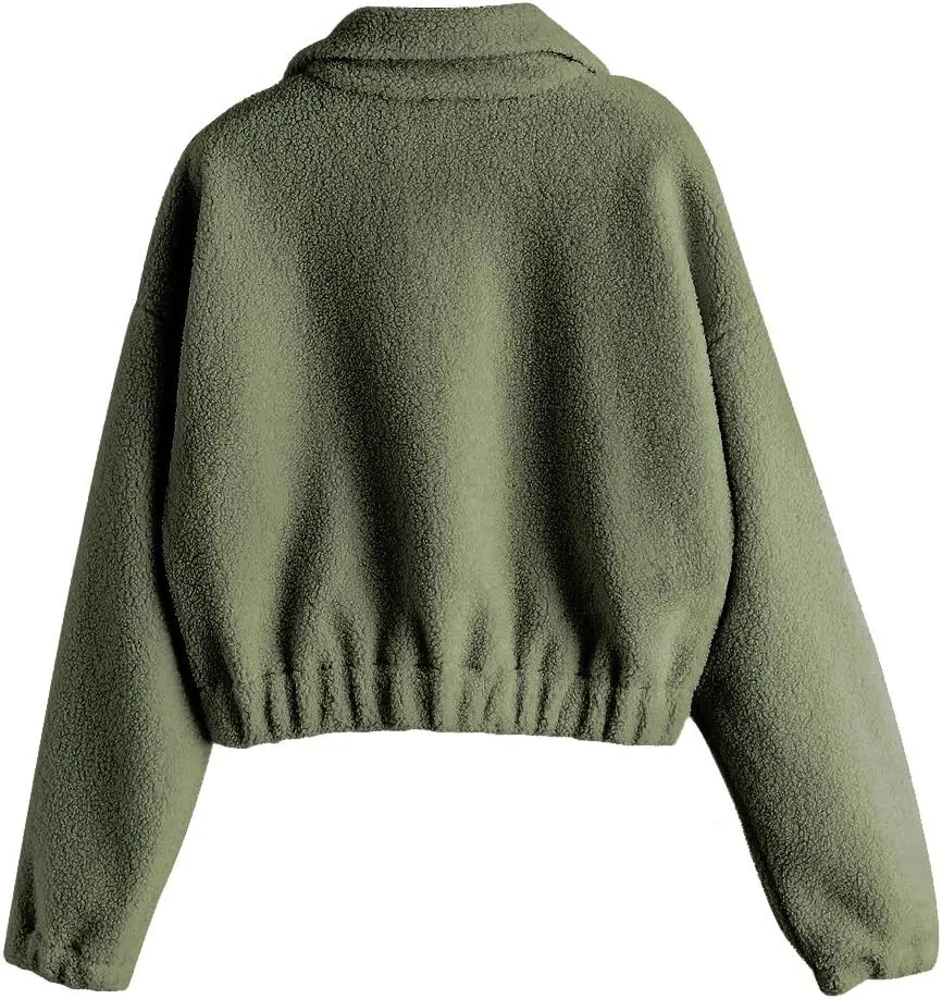 ZAFUL Women's Faux Fur Pullover Half Zip Long Sleeve Crop Sweatshirt Tops